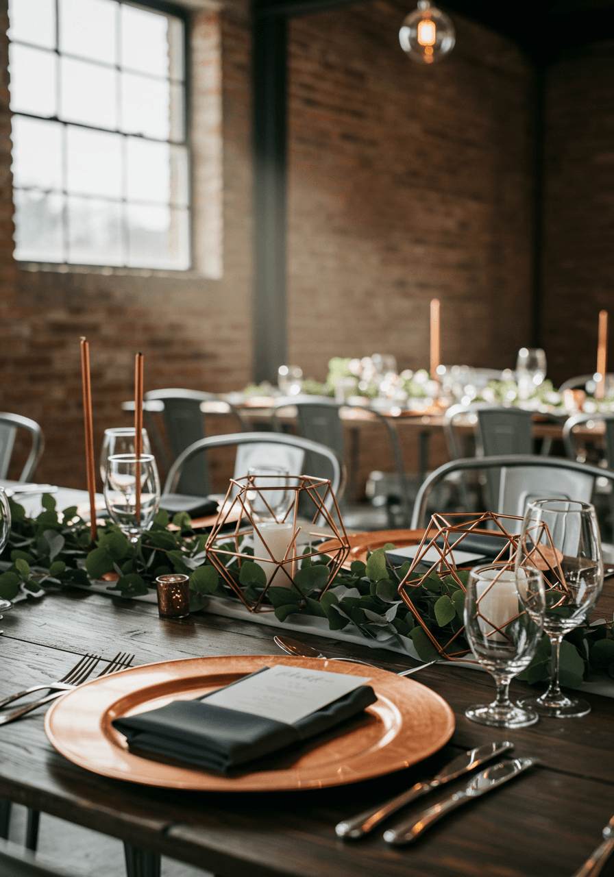 Close-up of copper details and eucalyptus against exposed brick wall in industrial venue