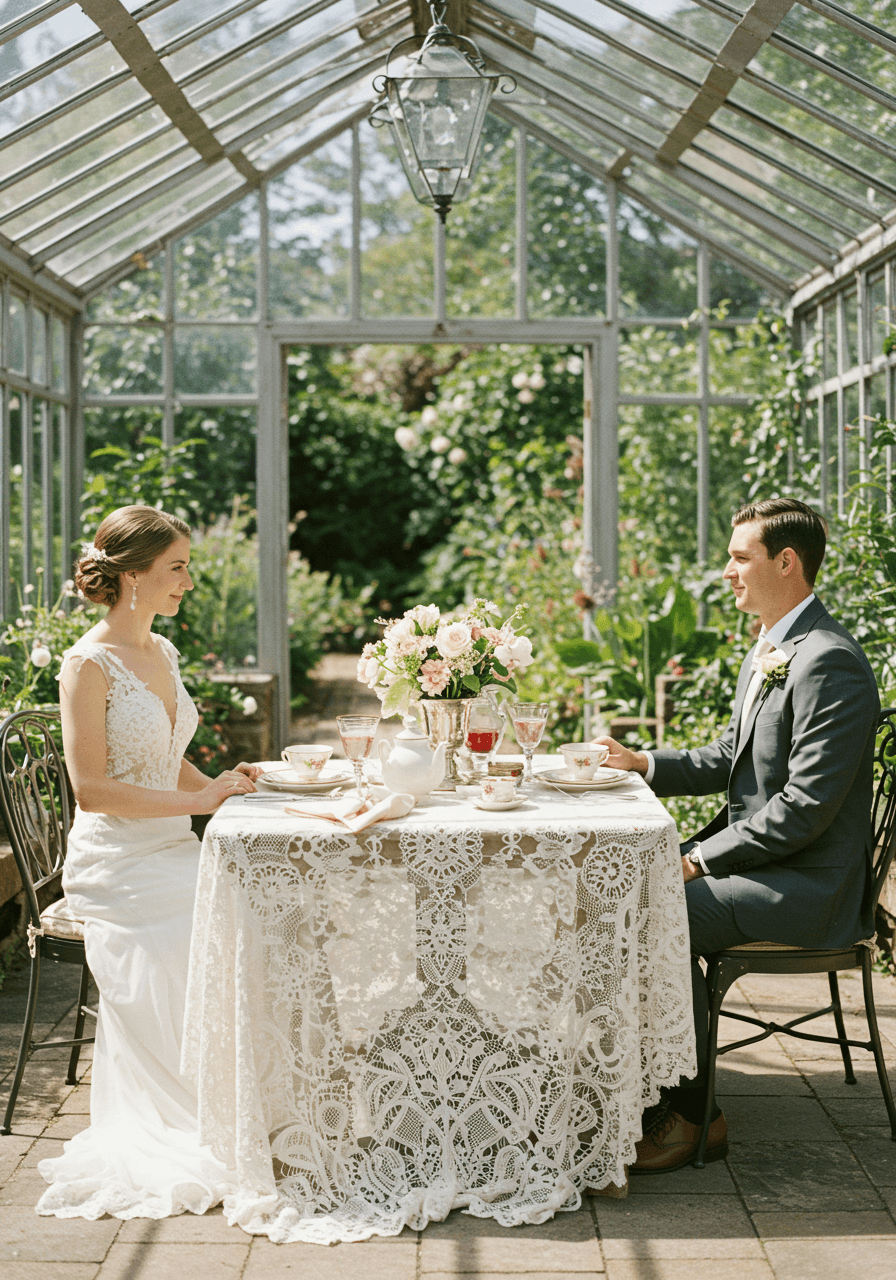 Romantic bride and groom at vintage lace breakfast table in sunlit garden conservatory with delicate china