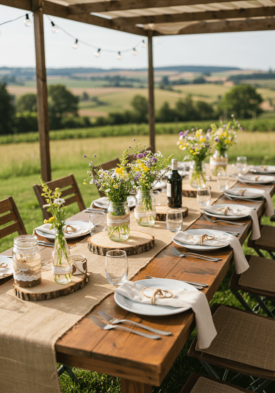 Rustic farmhouse wedding breakfast table with burlap runners and wildflower centerpieces in countryside garden setting