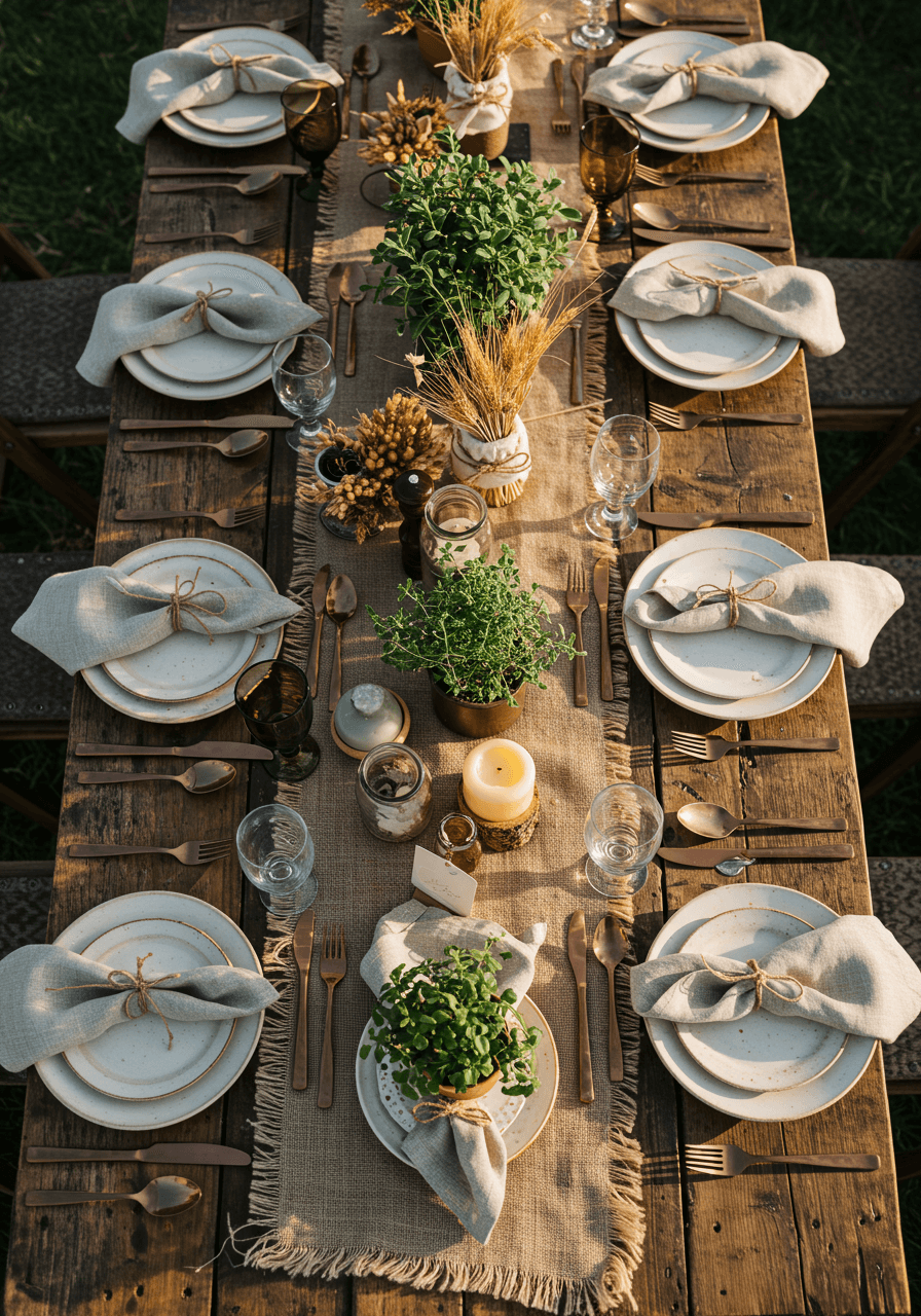 Close-up detail of rustic wedding place setting with burlap runner and vintage copper flatware on weathered wood table