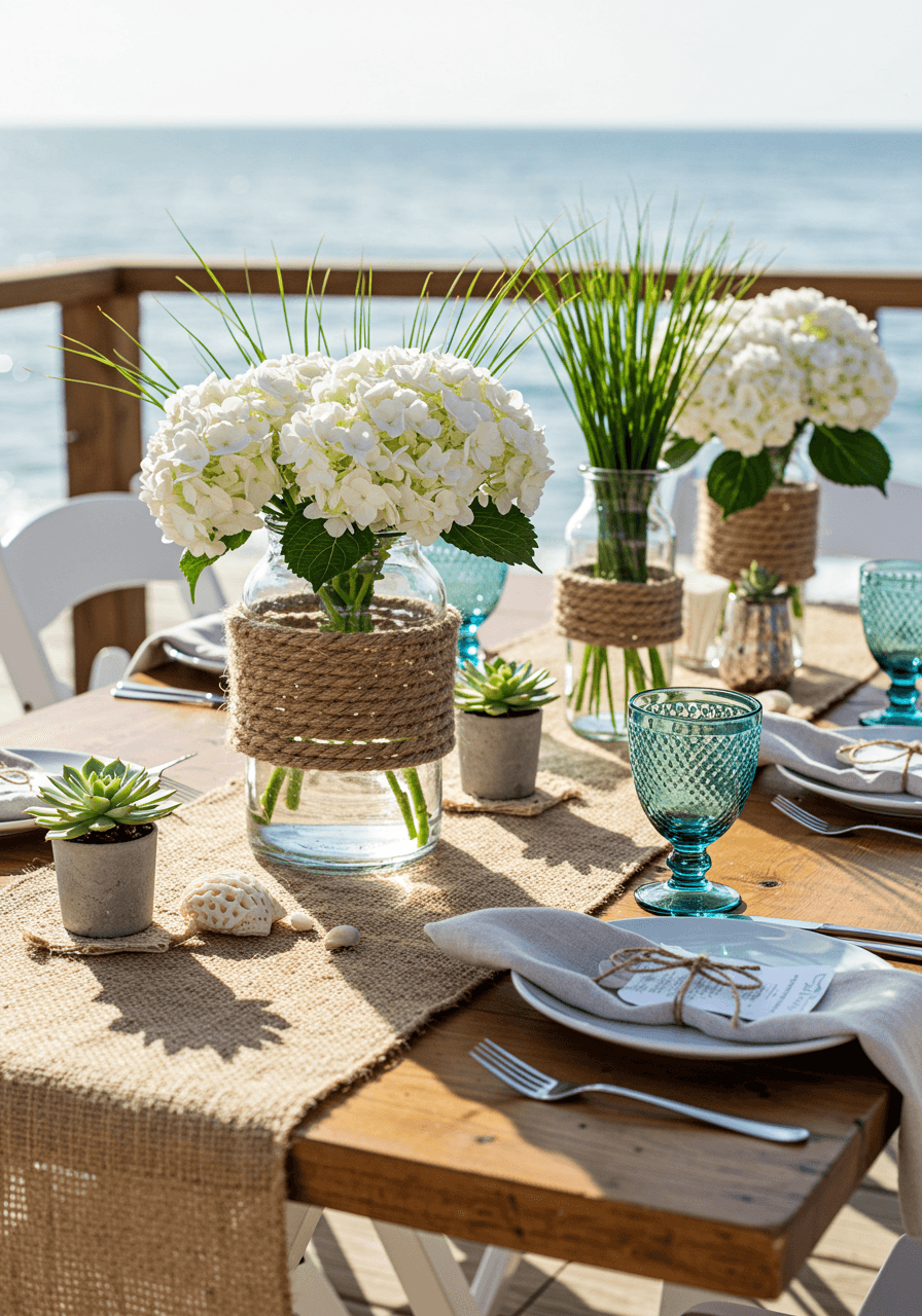 Seaside brunch table with jute runners and rope-wrapped vases filled with sea grass on wooden deck