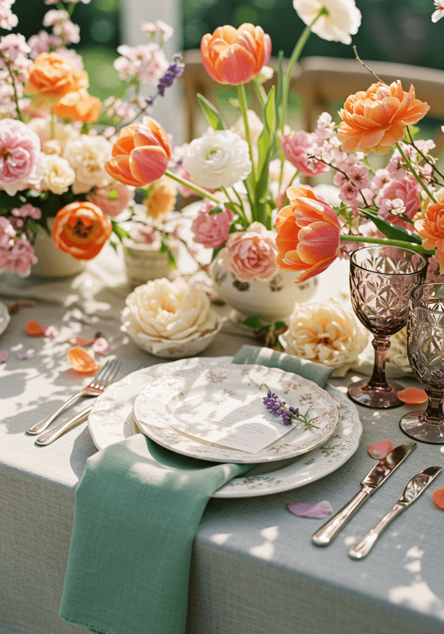 Close-up spring wedding place setting surrounded by fresh tulips and cherry blossoms in conservatory