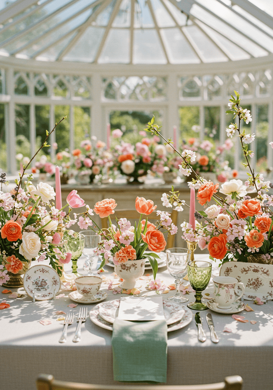 Wide angle view of spring wedding breakfast in sunlit conservatory with abundant seasonal flowers