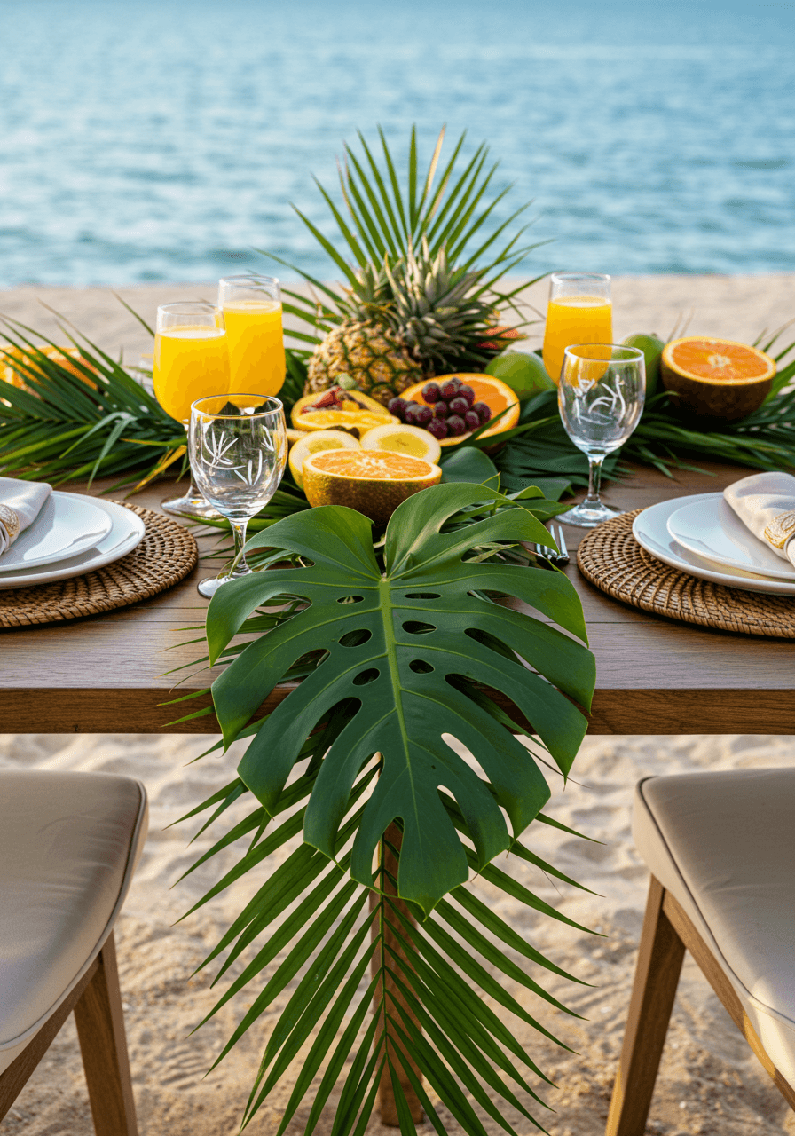 Intimate beachfront brunch table for two with cascading palm leaves and tropical greenery