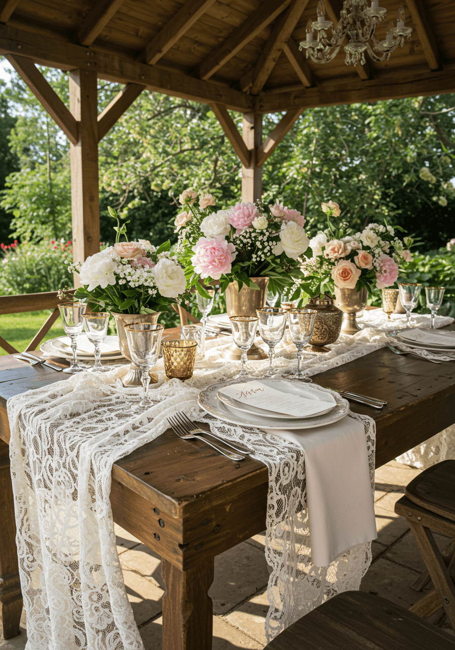 Upward view of elegant garden pavilion with vintage lace table decor and romantic atmosphere