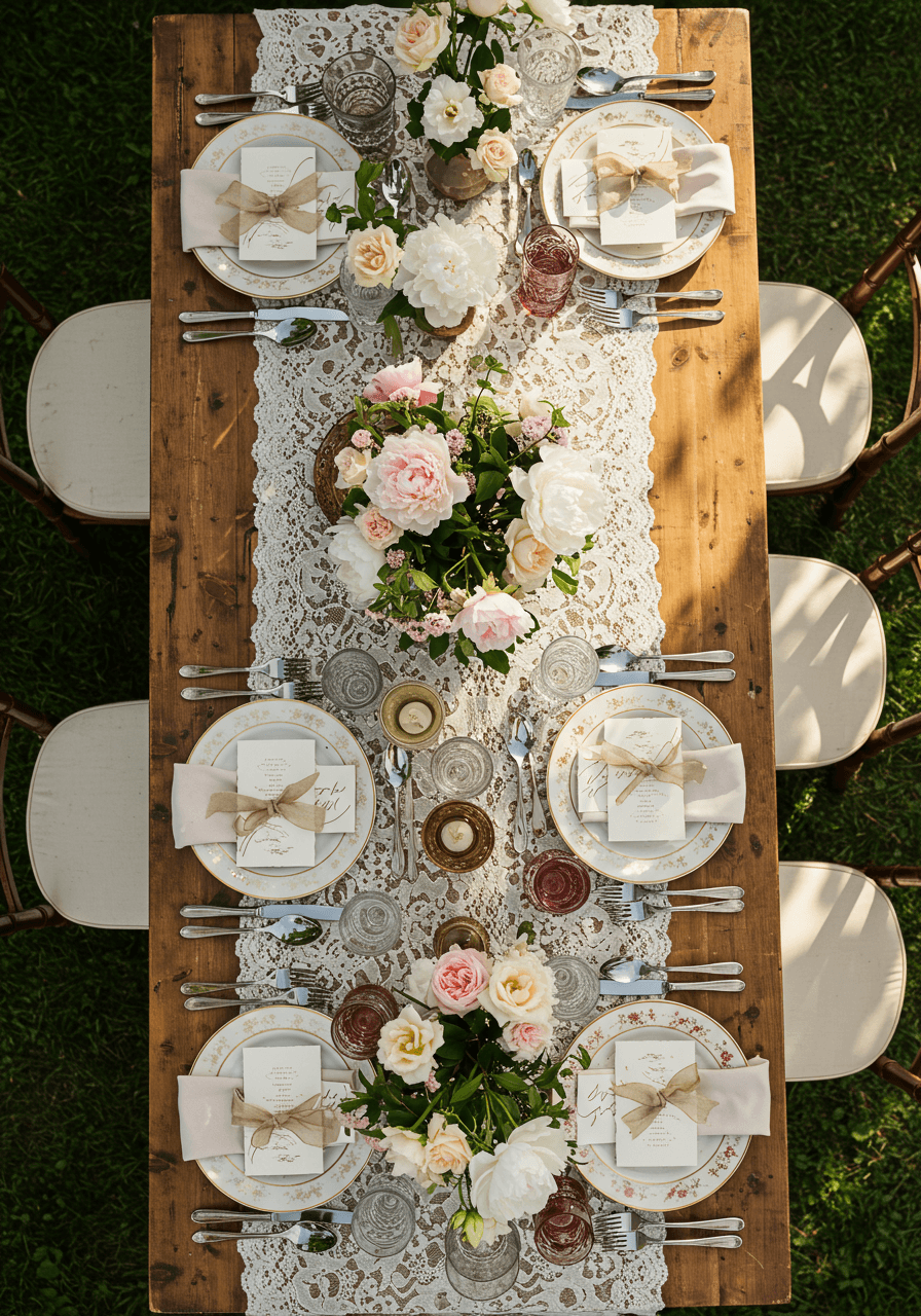 Overhead view of vintage lace brunch tablescape with delicate place settings and romantic floral arrangements