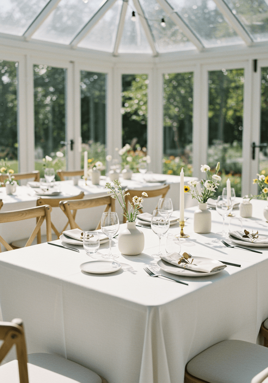 Clean white wedding breakfast table in airy sunlit conservatory with simple ceramic dinnerware