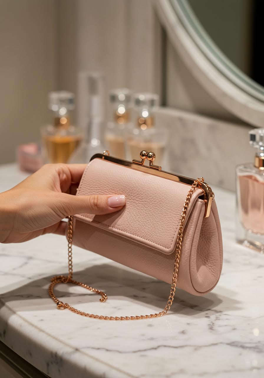 Blush pink leather convertible clutch transitioning from purse to chain shoulder bag