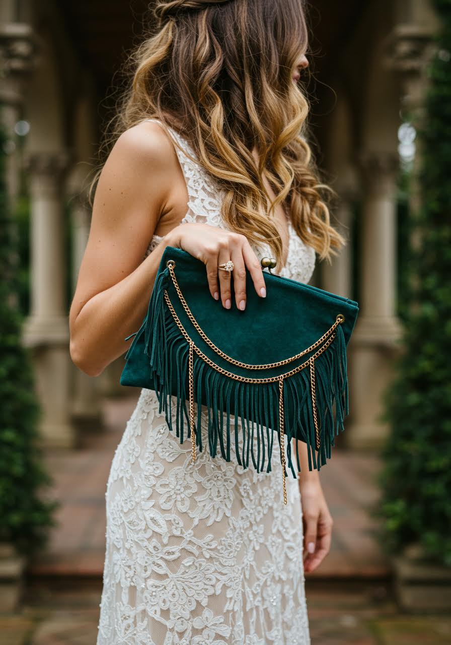 Bohemian bride showcasing suede fringe clutch with gold chains and tassels