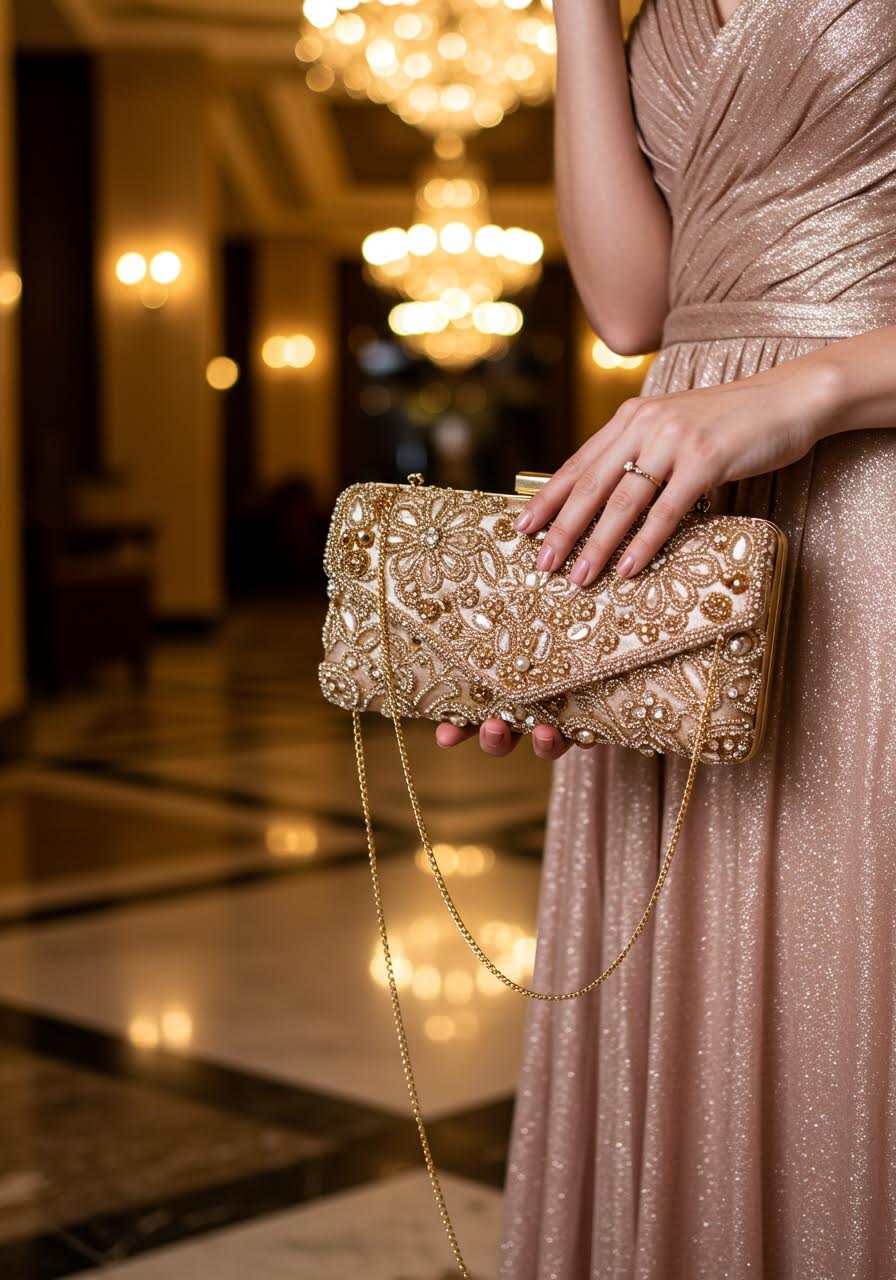 Woman in rose gold gown holding metallic gold clutch with crystal accents