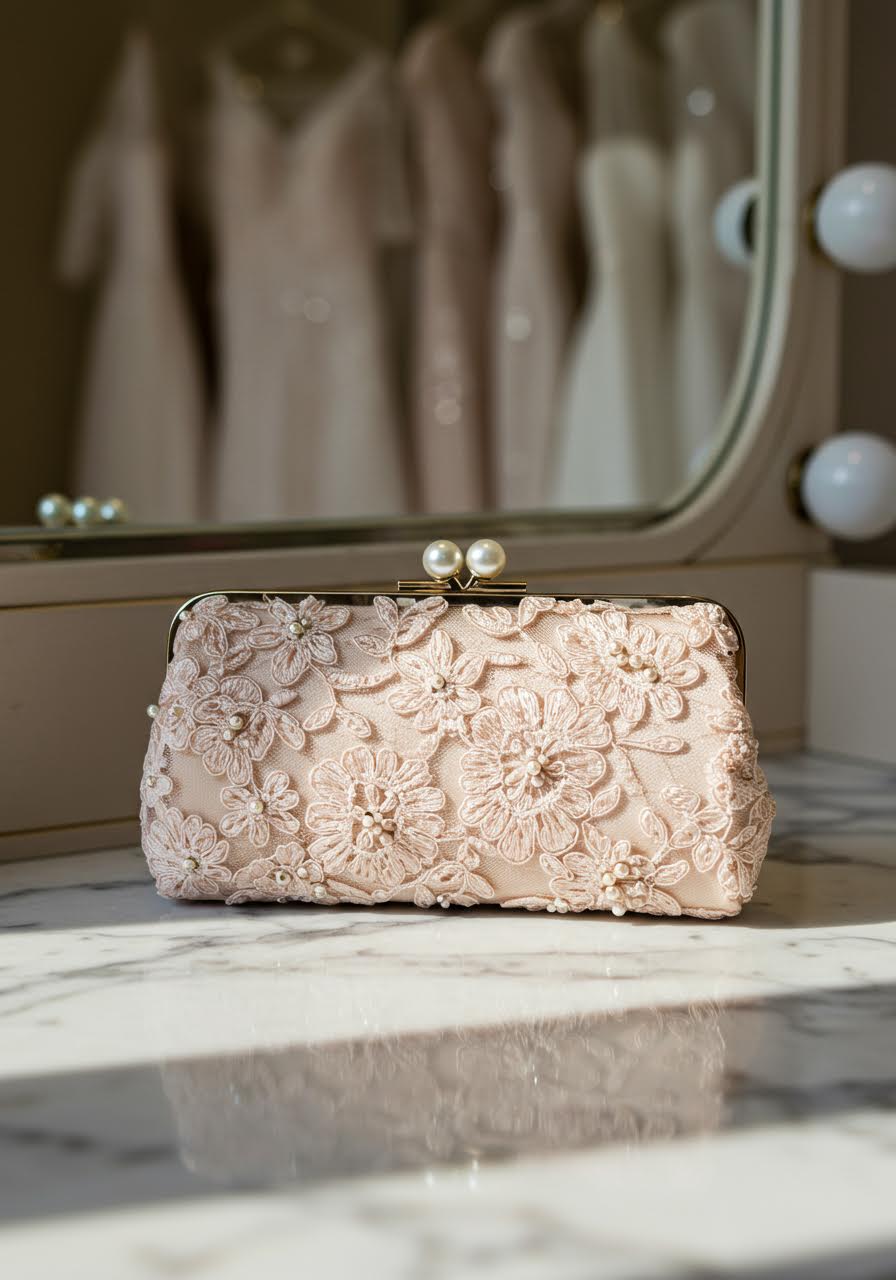 Luxury lace overlay clutch with floral embroidery and pearl button closure