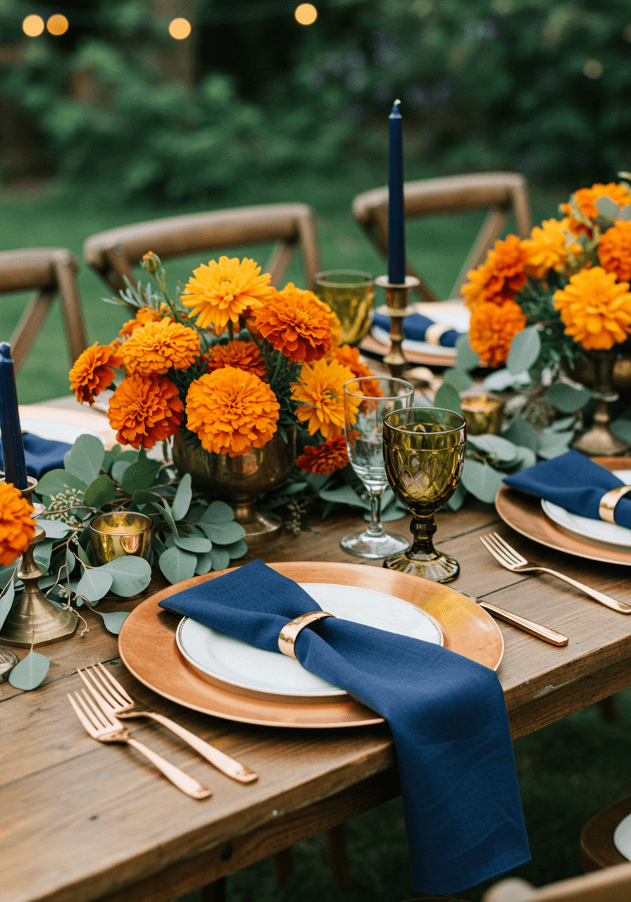 Elegant autumn wedding tablescape with burnt orange marigolds and navy napkins on rustic wooden farm table