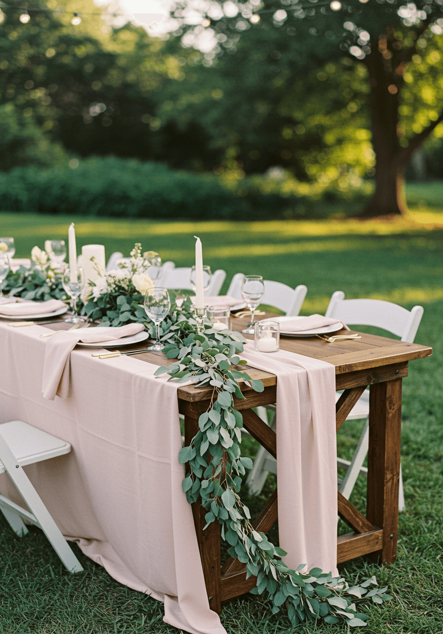 Wide view of blush and eucalyptus garden wedding table setting with natural wood and soft florals