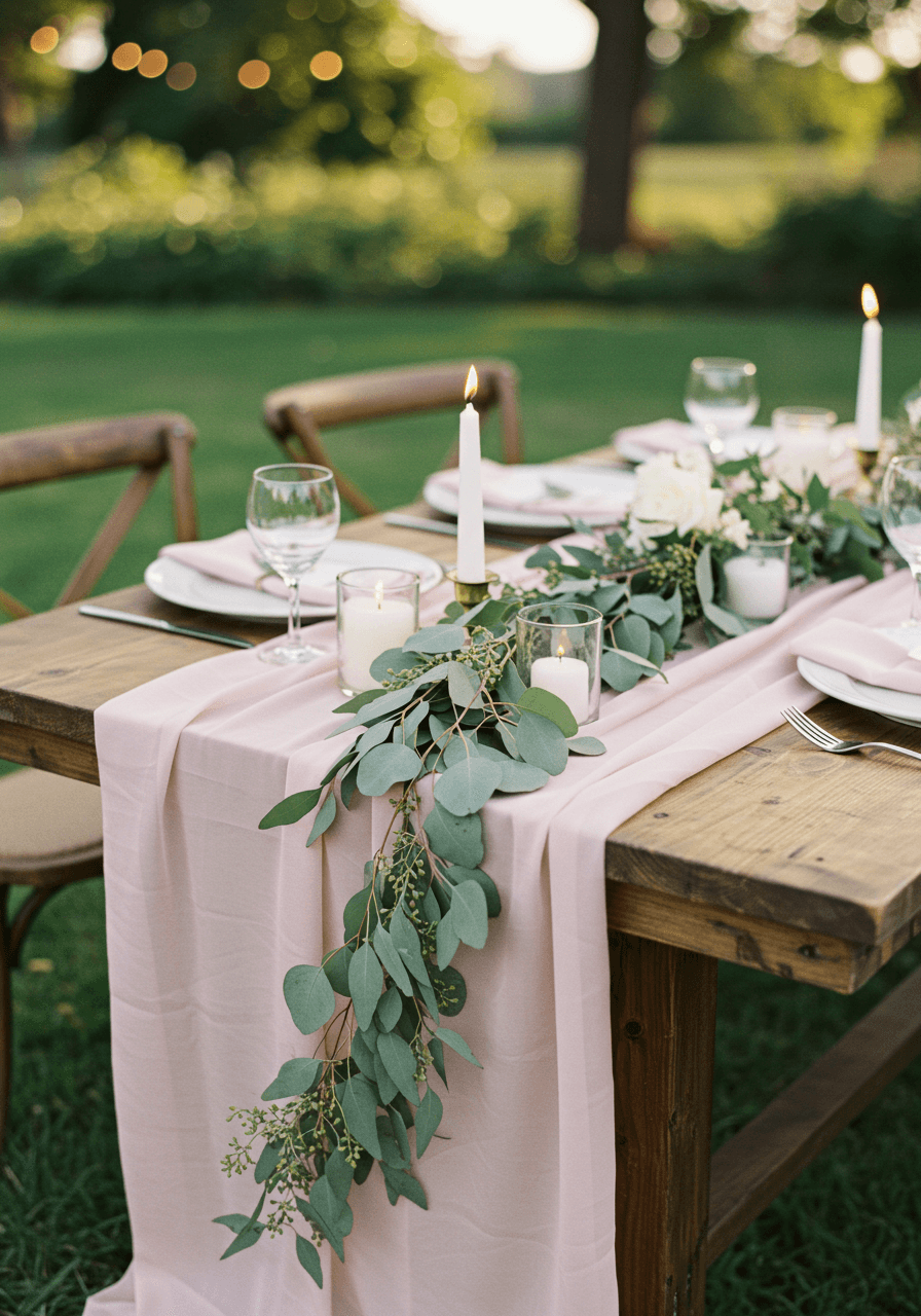 Elegant outdoor wedding tablescape with blush pink linens and eucalyptus garland on rustic wooden table
