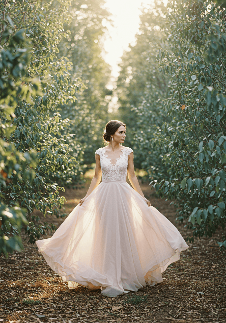 Bride in flowing blush pink chiffon dress with lace details among towering eucalyptus trees in golden hour