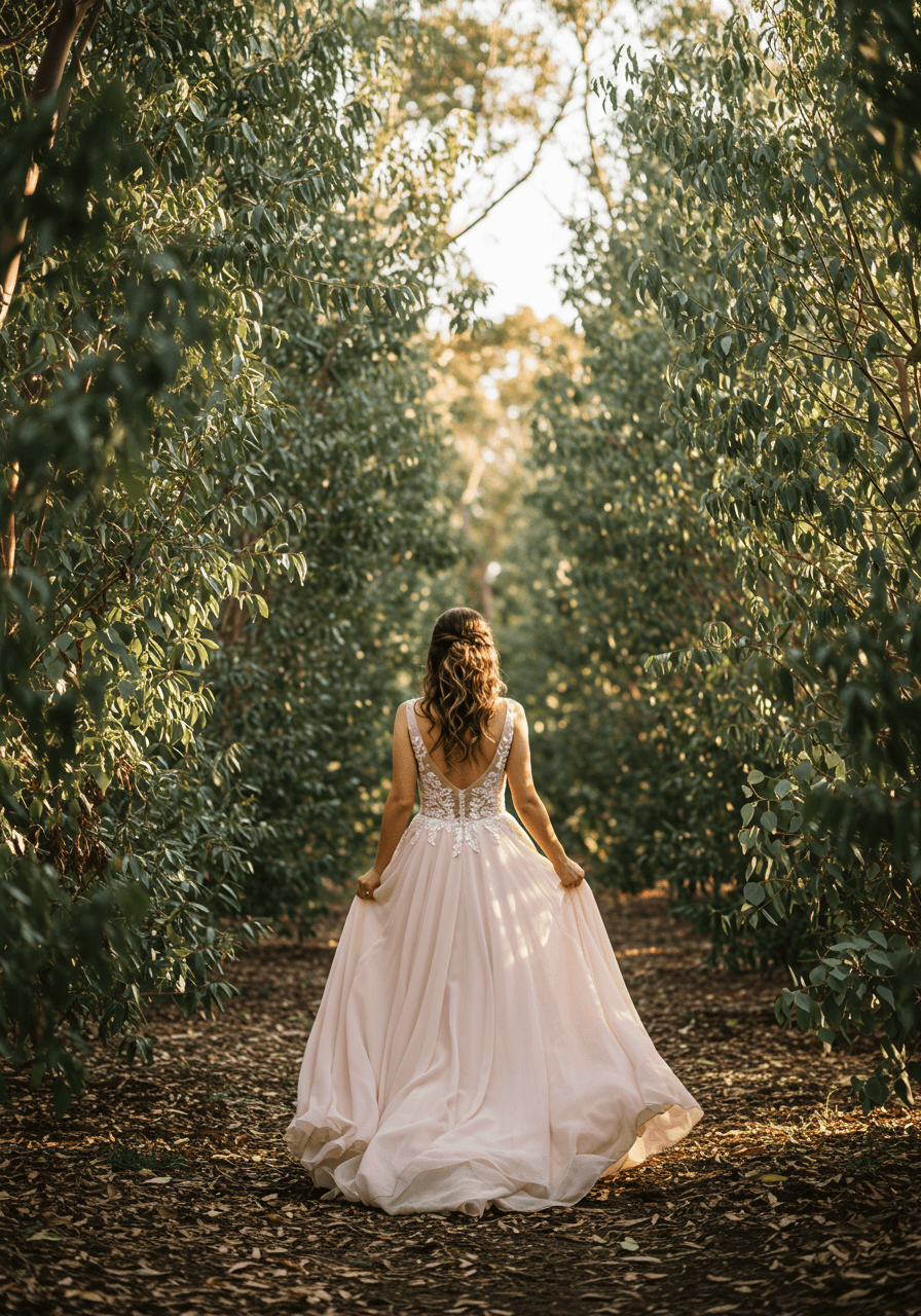 Bride walking gracefully through eucalyptus grove in soft blush pink wedding gown