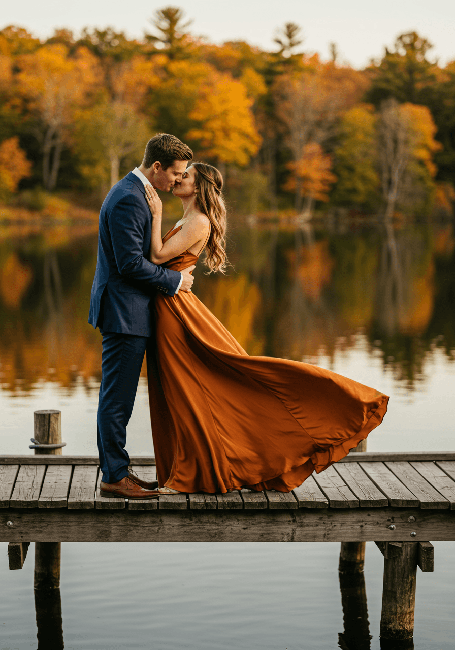 Bride in flowing burnt orange silk dress with groom in navy suit sharing intimate moment on wooden dock at golden hour