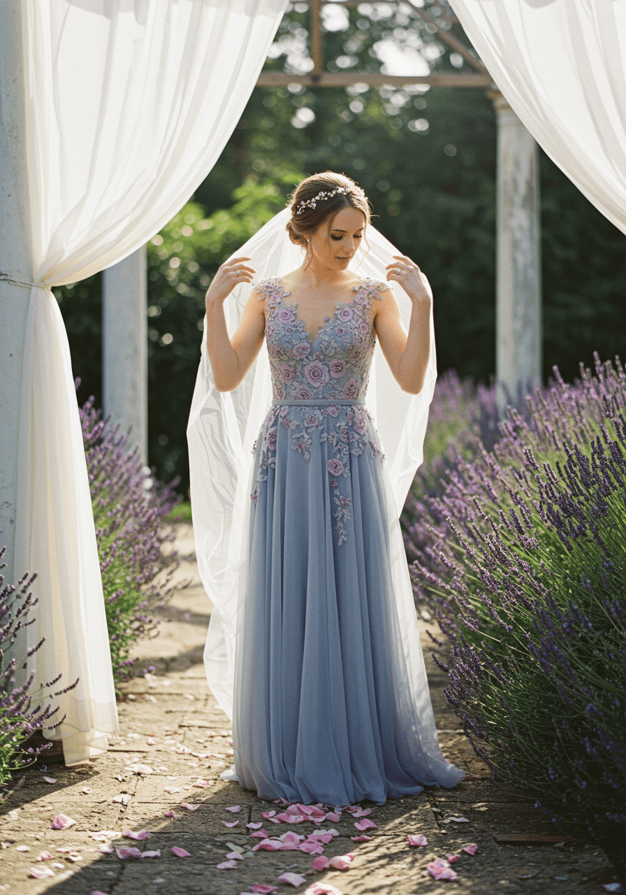 Bride adjusting delicate lace veil in golden garden light wearing dusty blue wedding dress