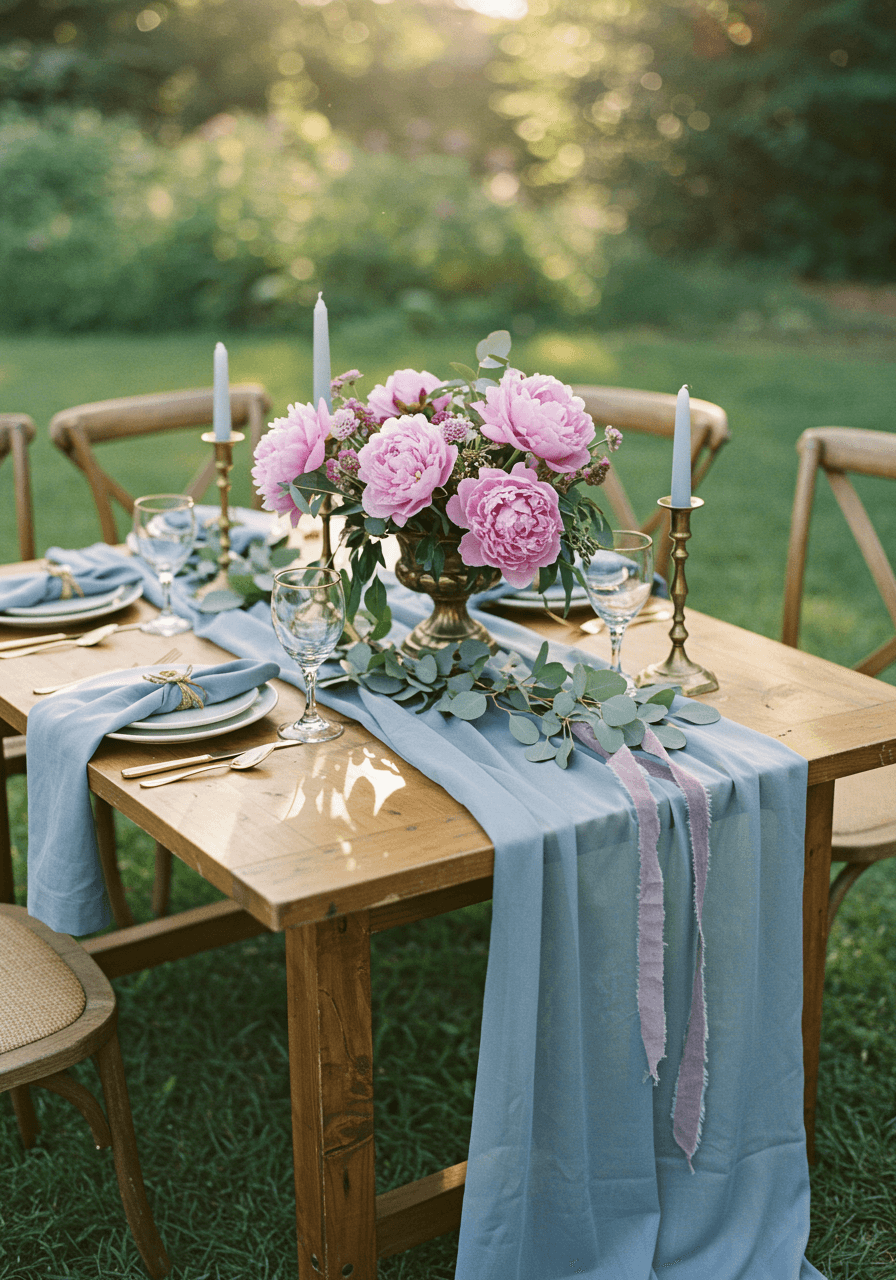 Overhead view of sophisticated blue and mauve garden wedding table setting with eucalyptus garland