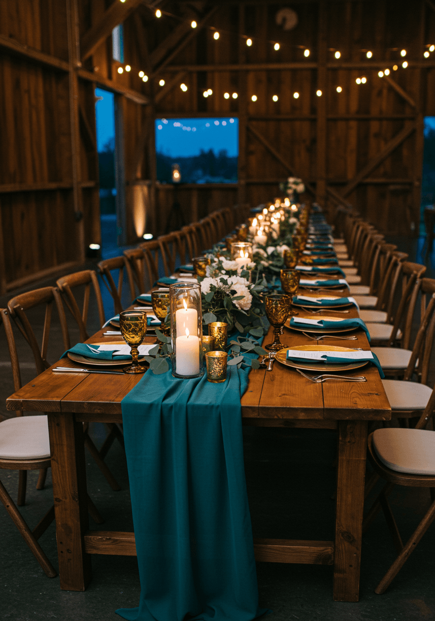 Wide angle view of teal and caramel wedding reception in converted barn venue with string lights