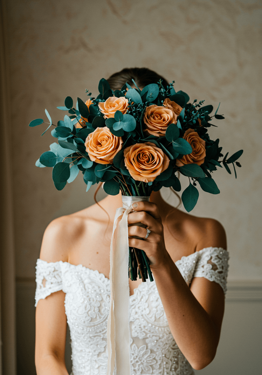 Close-up detail of bridal bouquet featuring rich caramel roses with teal eucalyptus and ivory ribbon