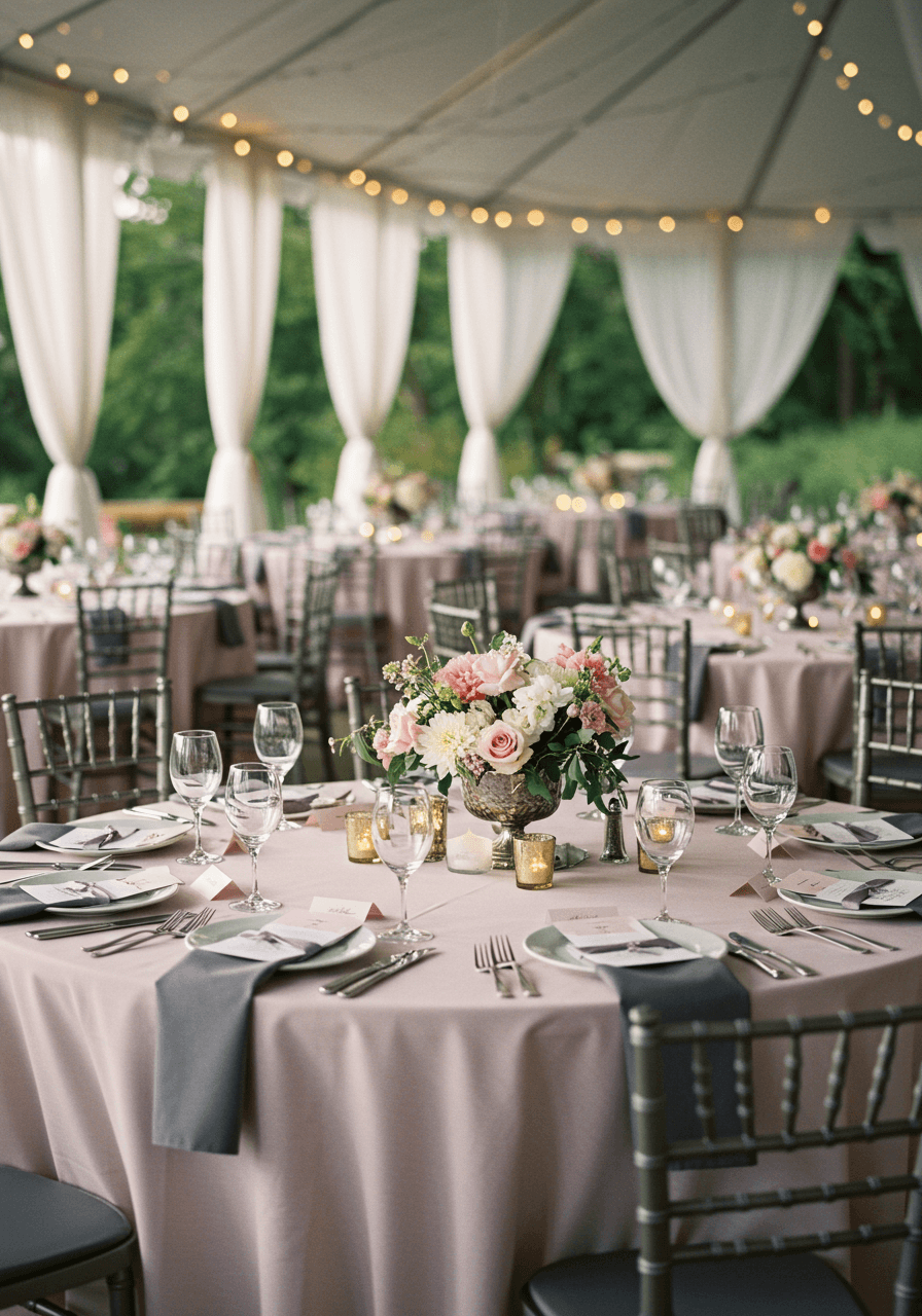 Intimate table detail showing blush pink and charcoal wedding reception styling