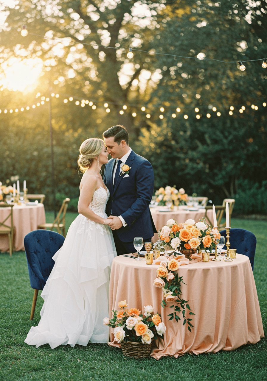 Bride and groom at garden wedding reception table with peach peonies and navy blue linens during golden hour