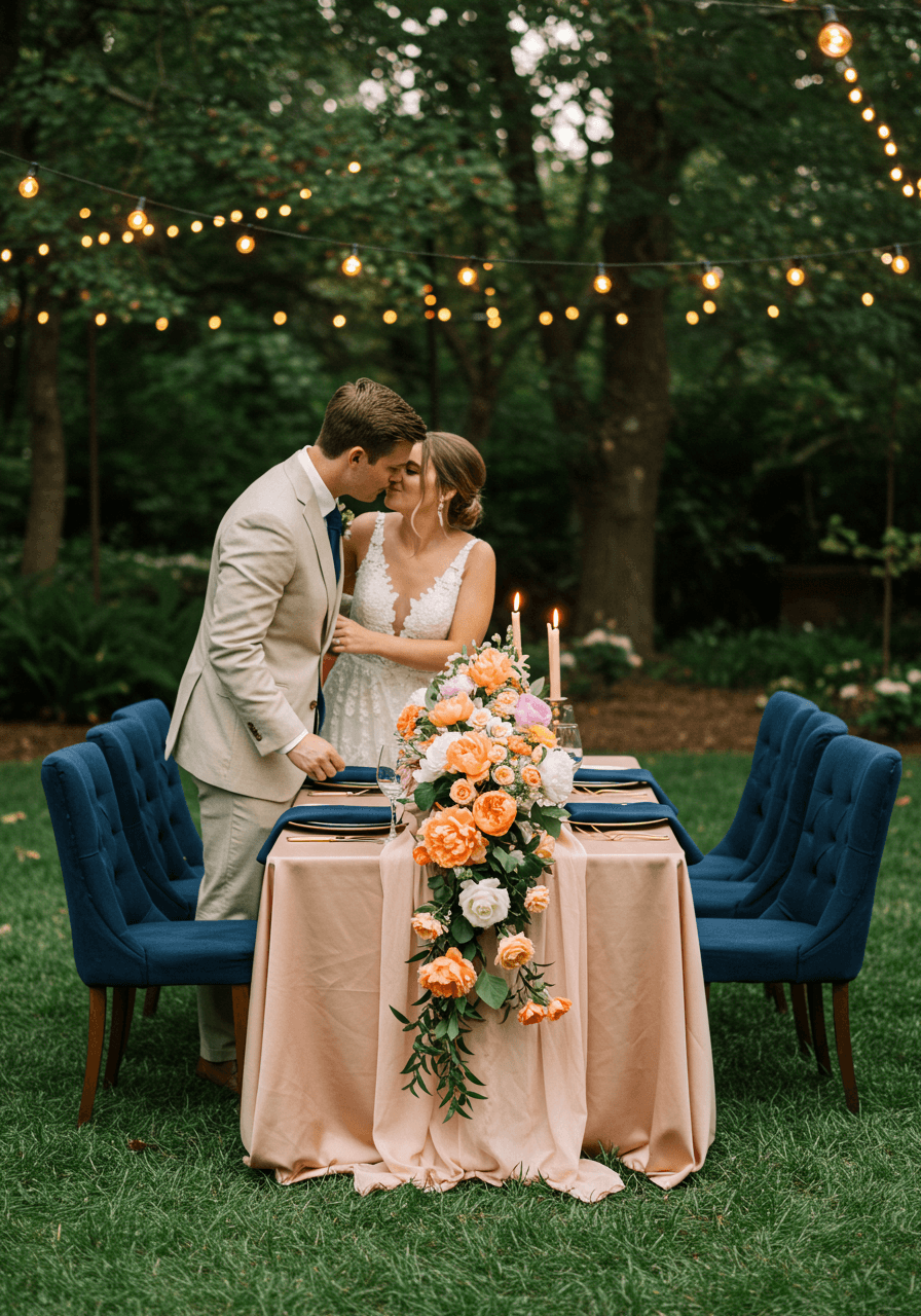 Wide angle view of peach and midnight blue garden wedding reception setup