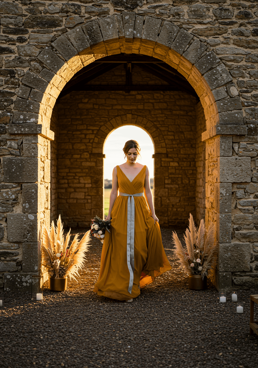 Bride walking gracefully in flowing marigold dress through rustic stone ceremony space