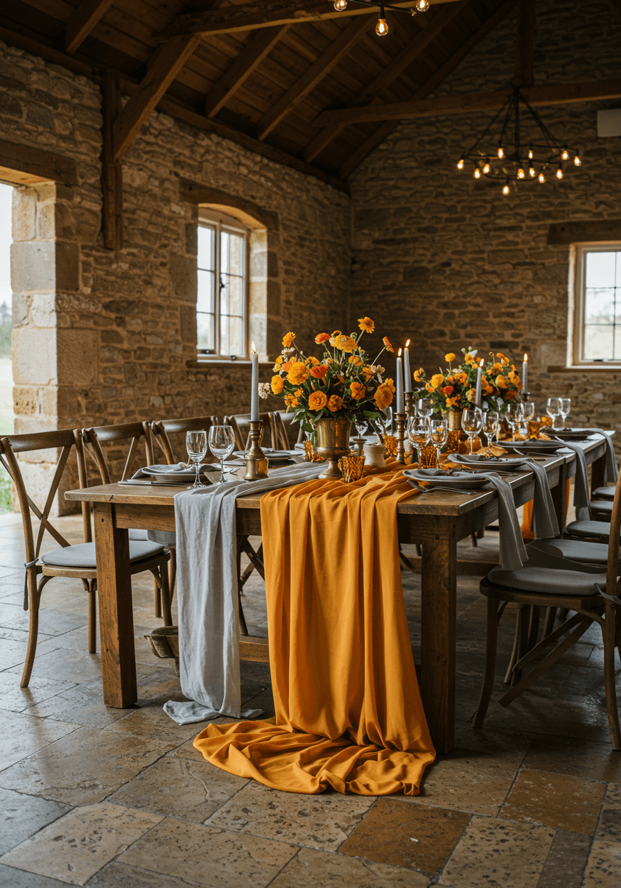 Wide angle view of marigold and stone gray wedding reception in rustic barn setting