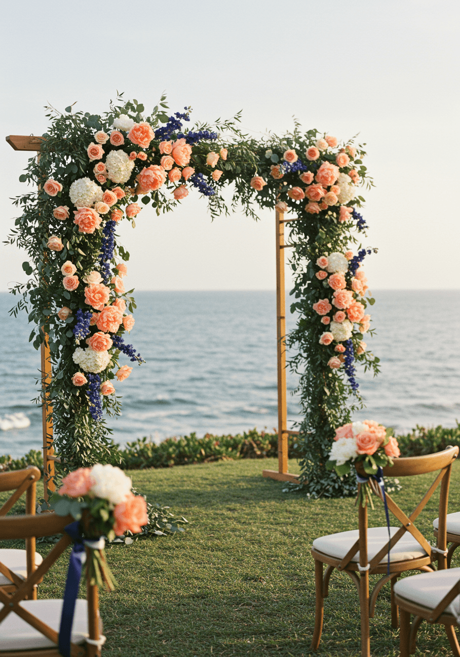 Stunning coastal wedding ceremony arch with peach peonies and navy delphiniums overlooking the ocean