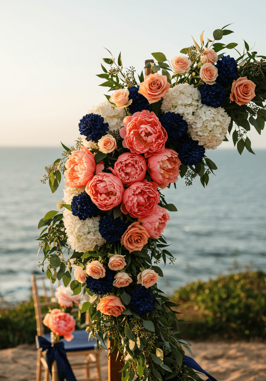 Close-up detail of peach coral charm peonies and deep navy blue delphiniums in ceremony arch