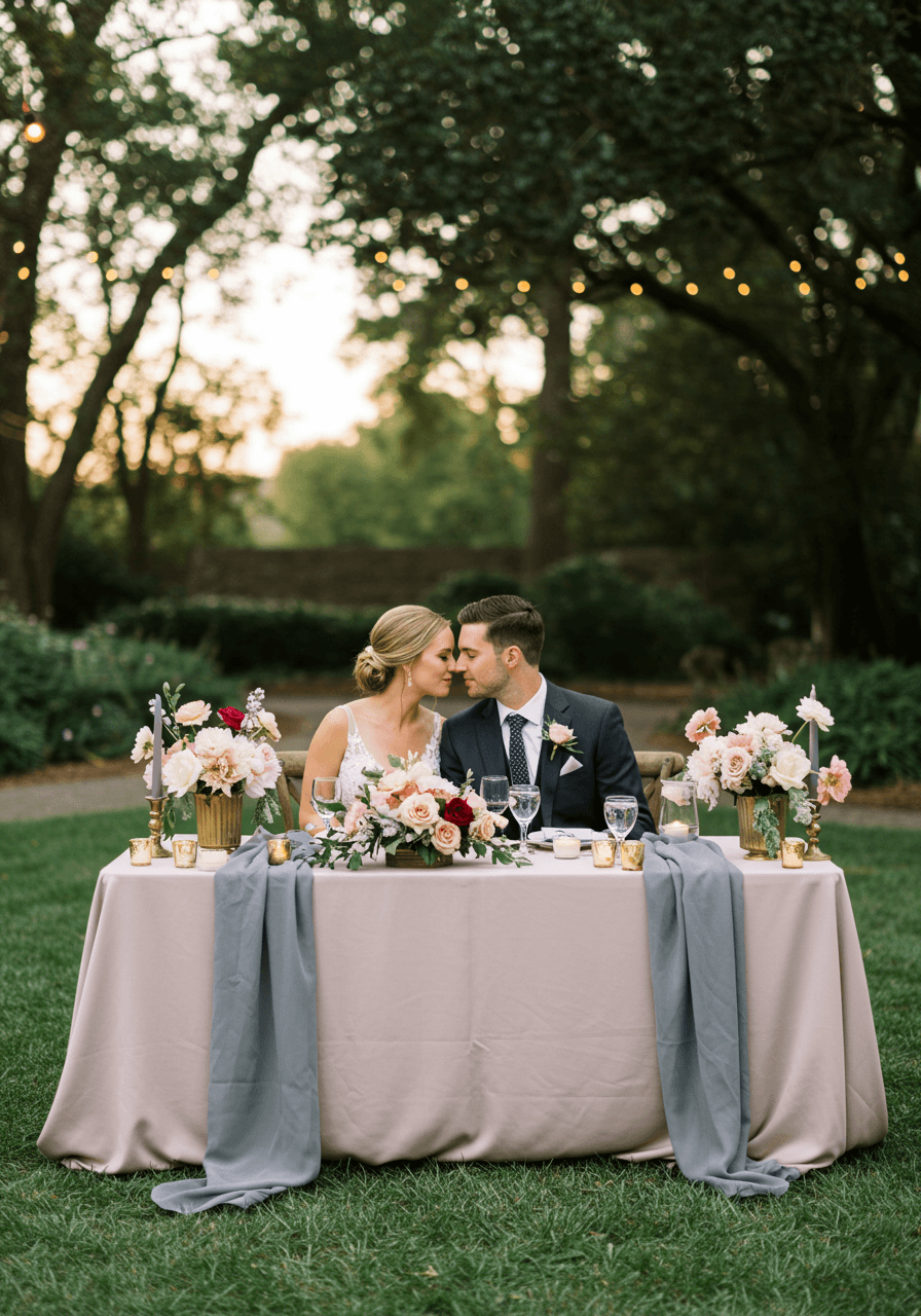 Bride and groom at romantic garden sweetheart table with soft pink linens and charcoal gray accents