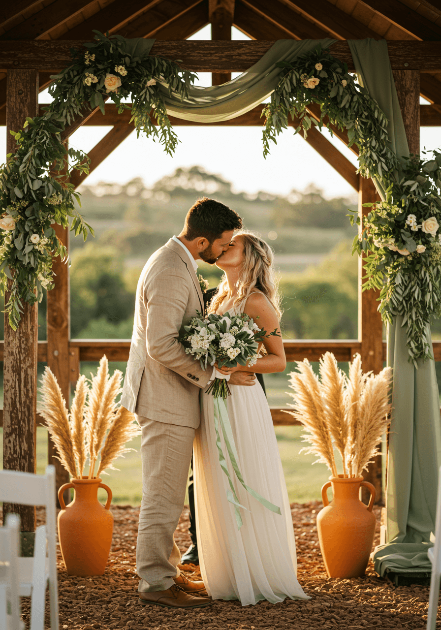 Couple sharing intimate first kiss moment surrounded by sage green drapery and terracotta wedding decor