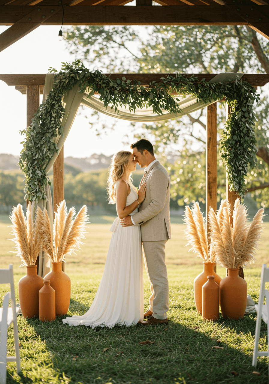 Bride and groom embracing under eucalyptus garlands in rustic outdoor ceremony with terracotta pottery during golden hour