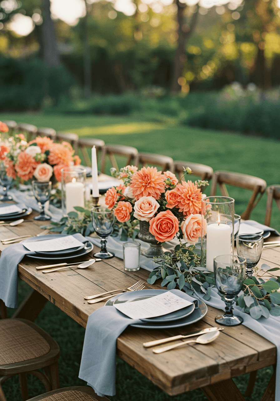 Wide angle view of coral and slate gray outdoor garden wedding reception setup