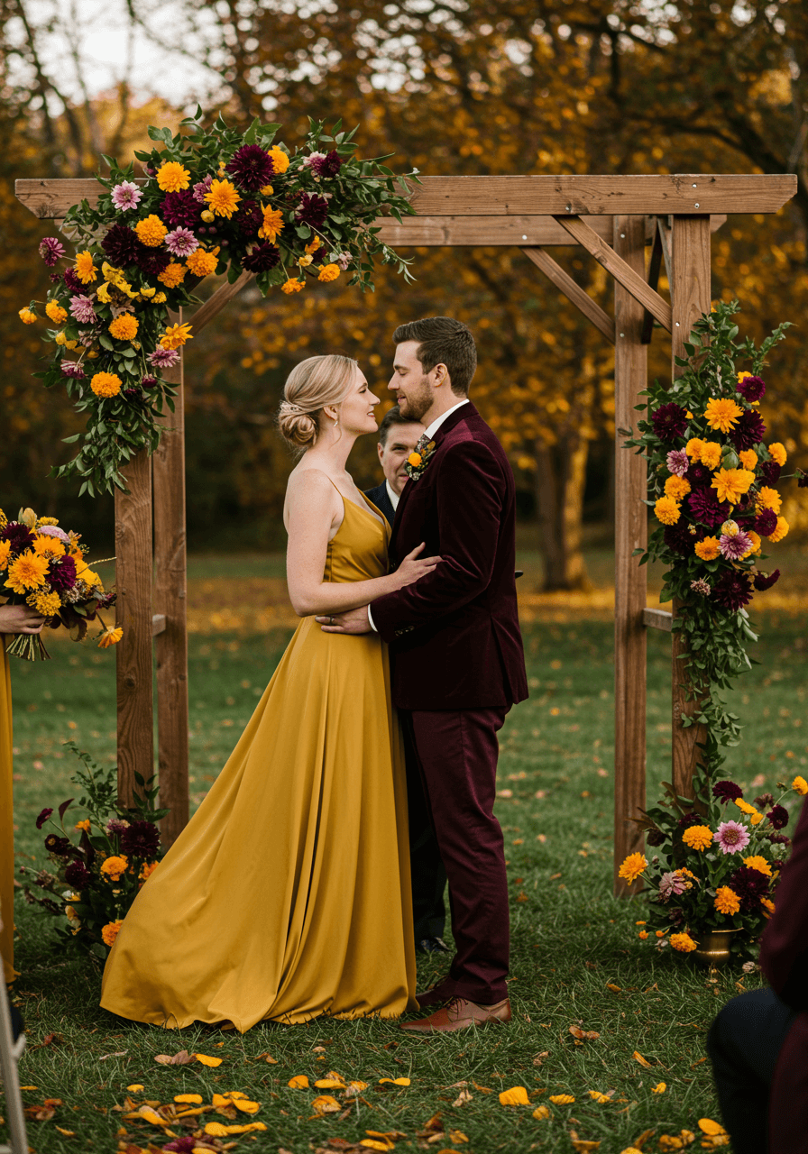 Bride in mustard yellow chiffon gown and groom in deep plum velvet suit at rustic outdoor ceremony