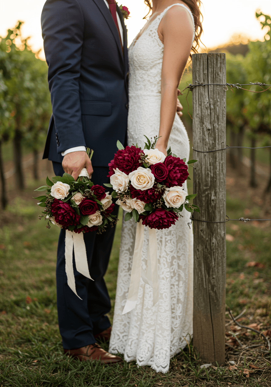 Bride and groom holding burgundy and cream wedding bouquets in rustic vineyard setting during golden hour