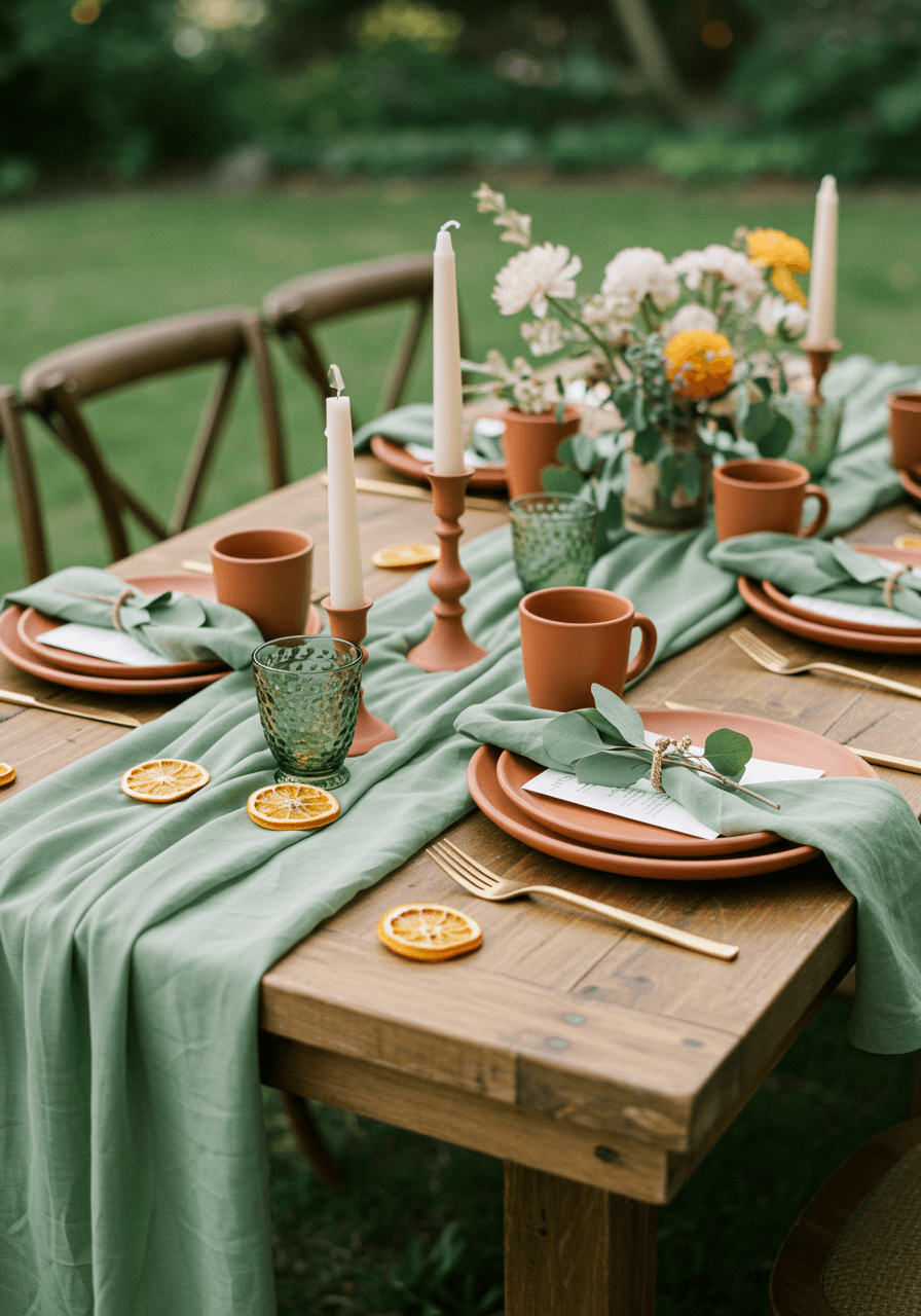 Elegant garden wedding tablescape with sage green runners and terracotta dinnerware on wooden farm table