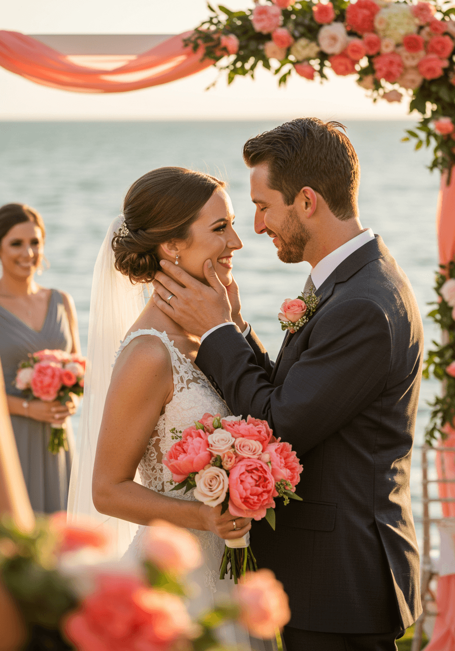 Bride and groom at waterfront wedding ceremony with coral peonies and slate gray details overlooking ocean