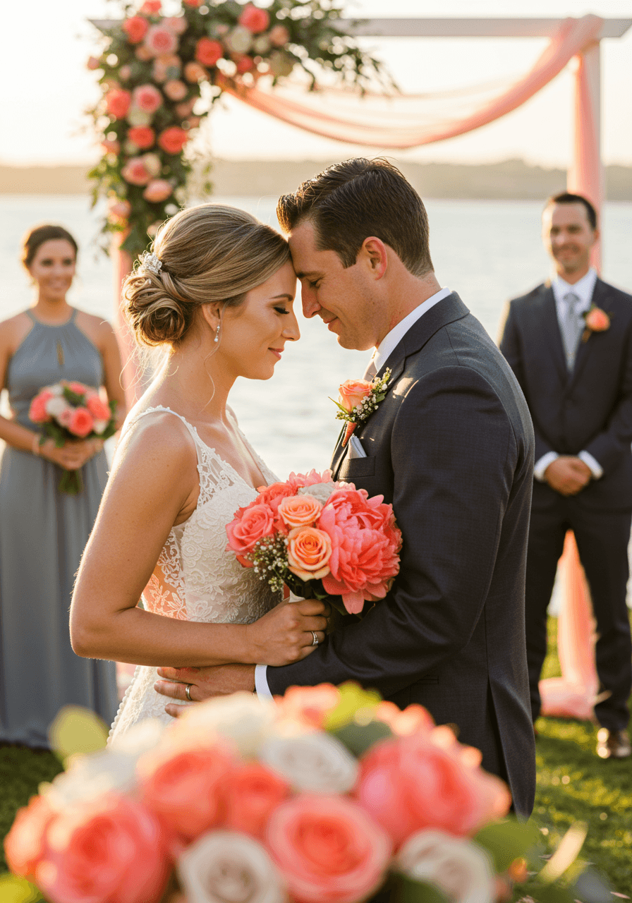 Intimate forehead touch moment between couple with coral and gray coastal wedding styling