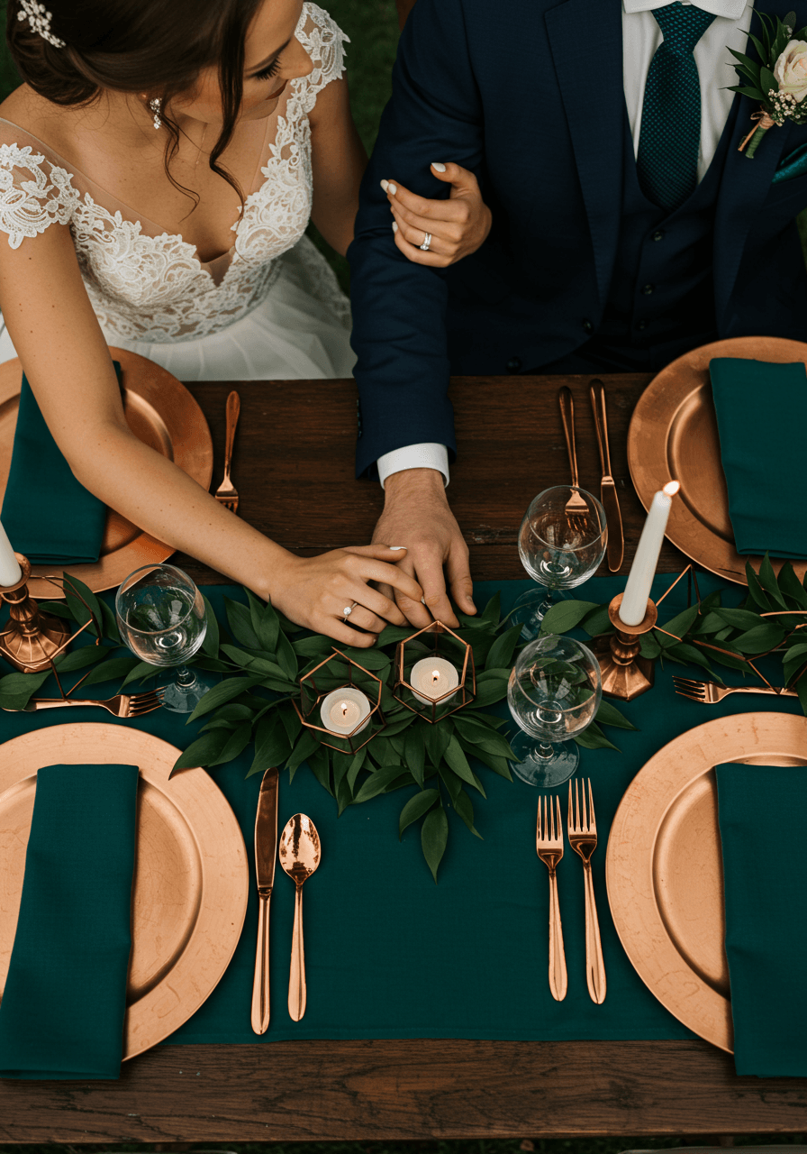 Bride and groom's hands at elegant garden wedding reception with copper chargers and emerald table runner