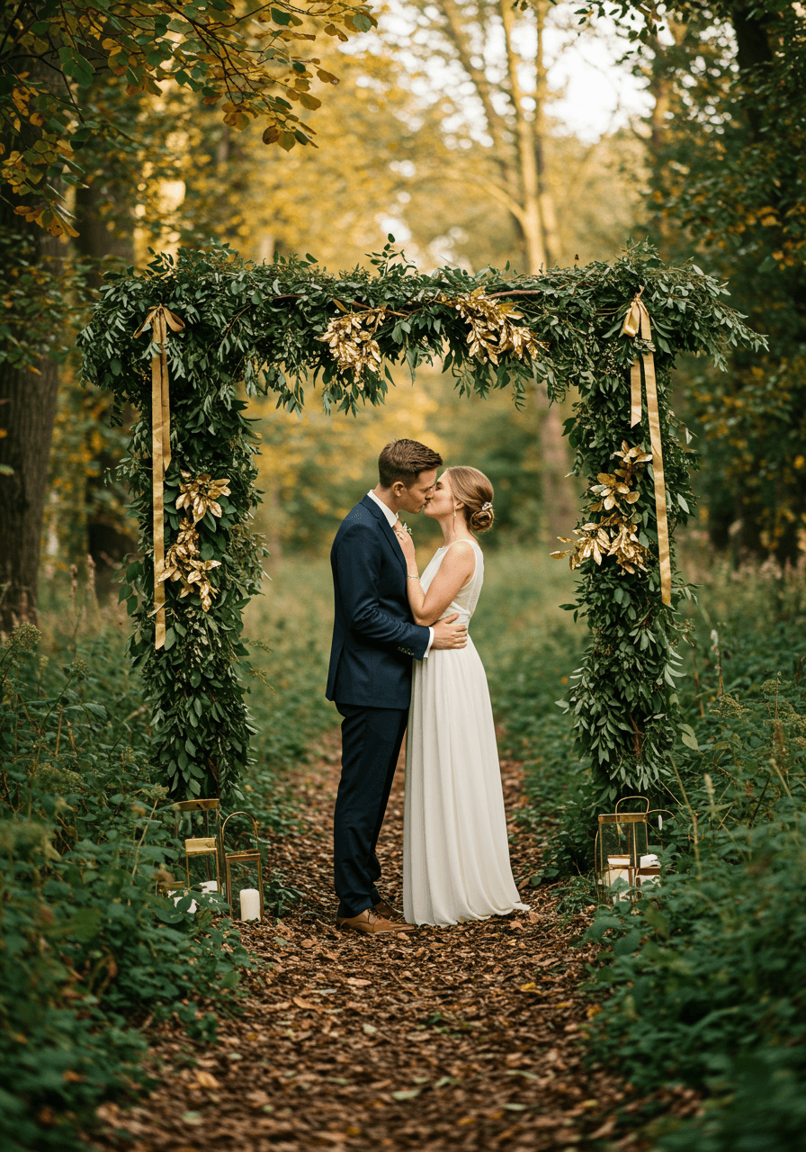 Bride and groom under natural archway of forest green foliage with gold ribbon accents in woodland clearing