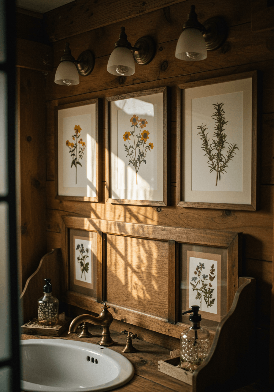 Three matching botanical prints with pressed wildflowers and herbs above vintage wooden vanity