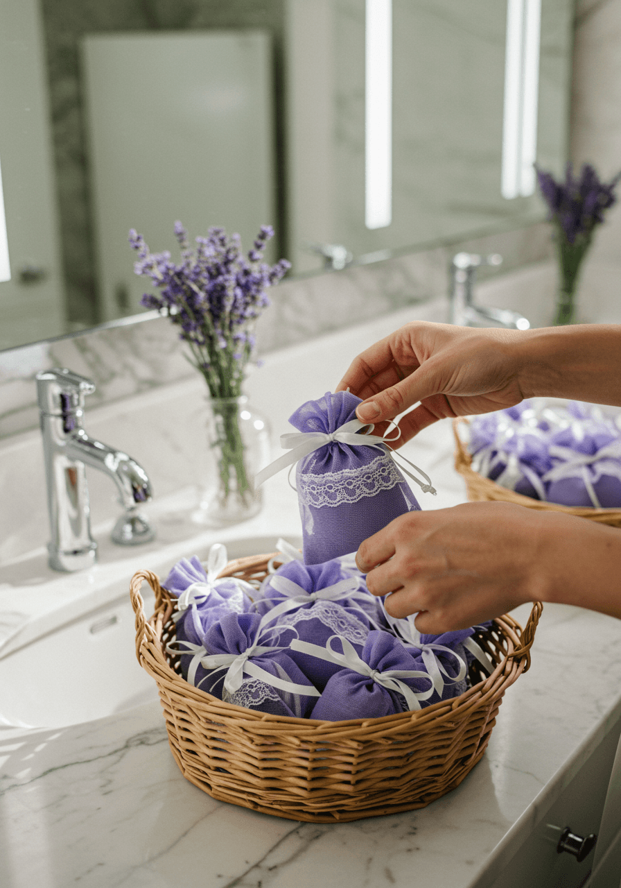 Bride's hands placing purple lavender sachets tied with white silk ribbons into wicker baskets