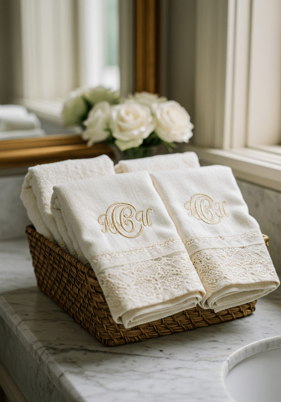 Elegant monogrammed linen hand towels with delicate lace trim in woven basket on marble vanity