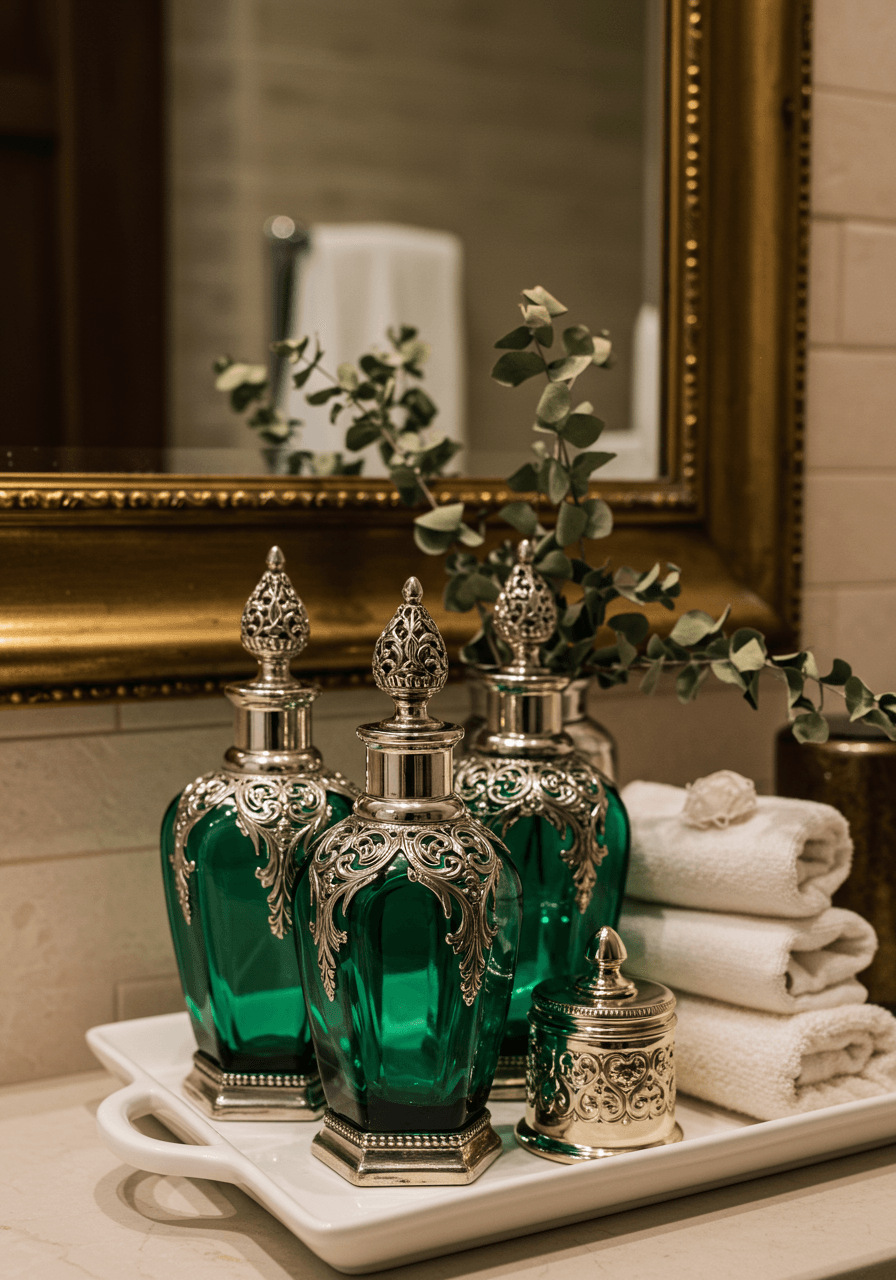 Vintage perfume bottles with ornate silver and emerald green details on white porcelain tray