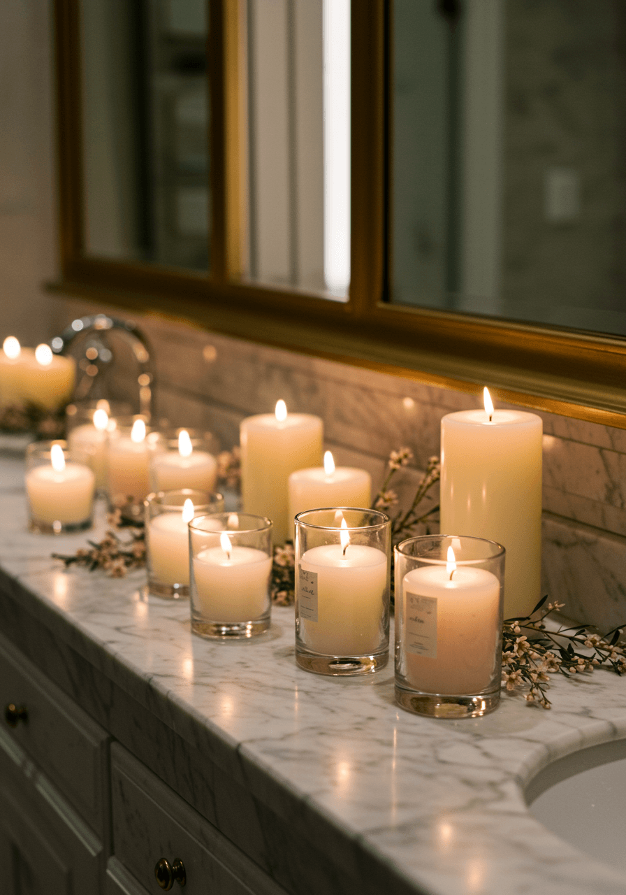 Elegant scented candles in glass votives and ivory pillar candles on marble vanity