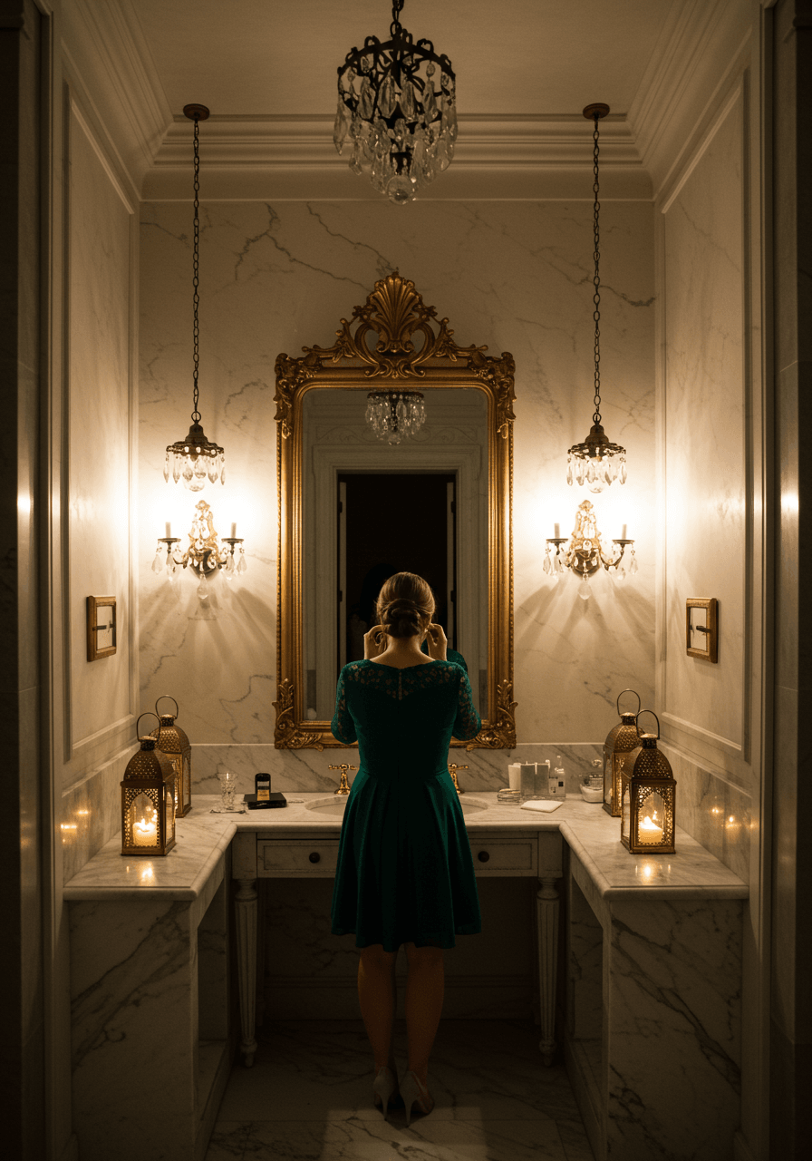 Wedding guest in emerald dress at ornate vanity with crystal sconces and layered ambient lighting