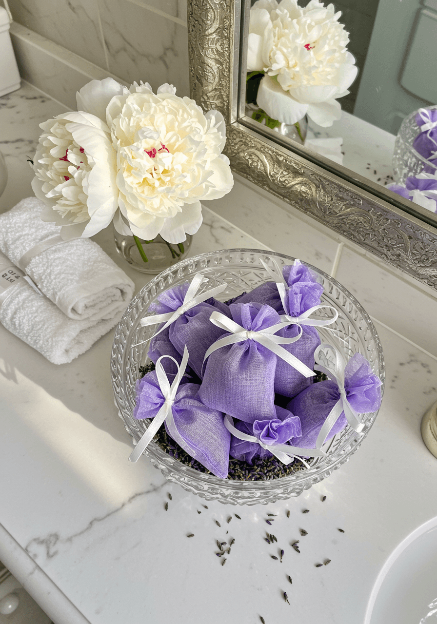 Overhead view of elegant lavender sachet display in crystal bowl on pristine white vanity counter